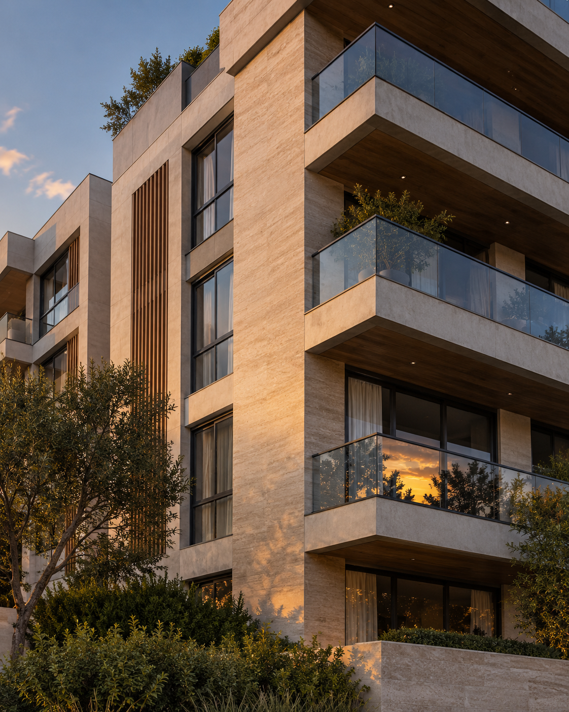 Composição ilustrativa de arquitetura residencial contemporânea, com varandas, pedra e vegetação